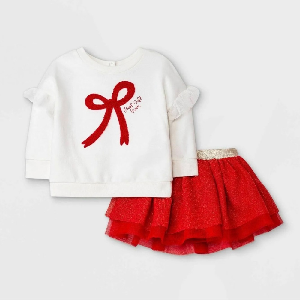 Baby Girl Christmas Best Gift Ever 2-piece Pullover Sweater Tulle Skirt Outfit